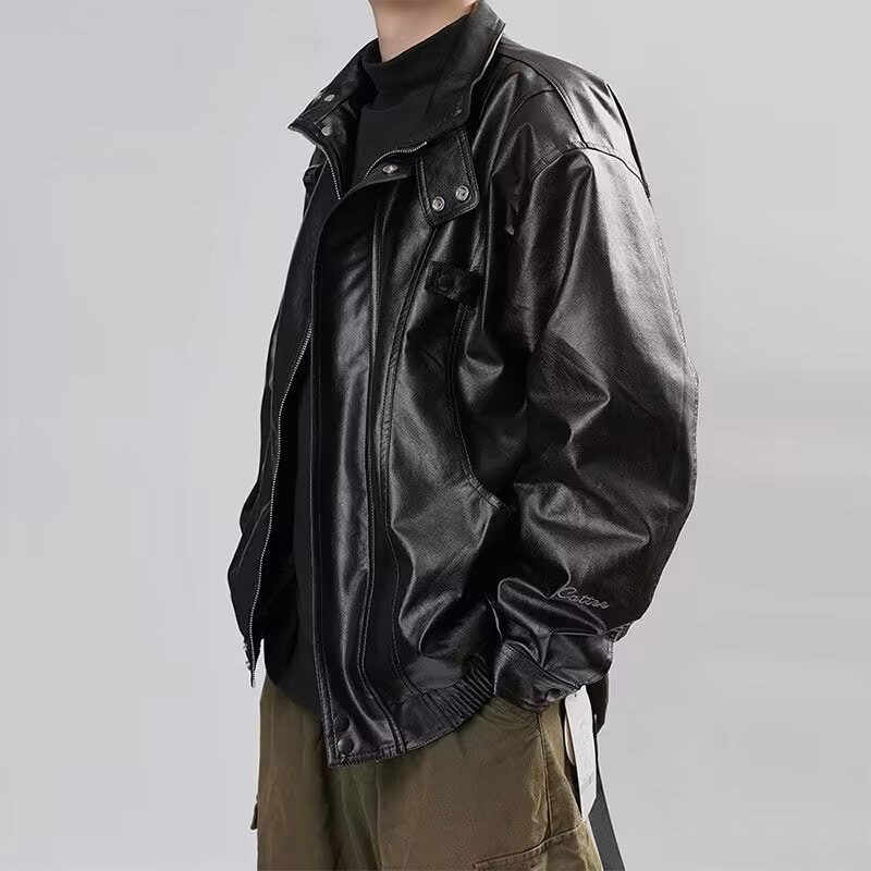 VUNC Men's classic simple oversized cowhide stand collar black leather jacket biker leather jacket
