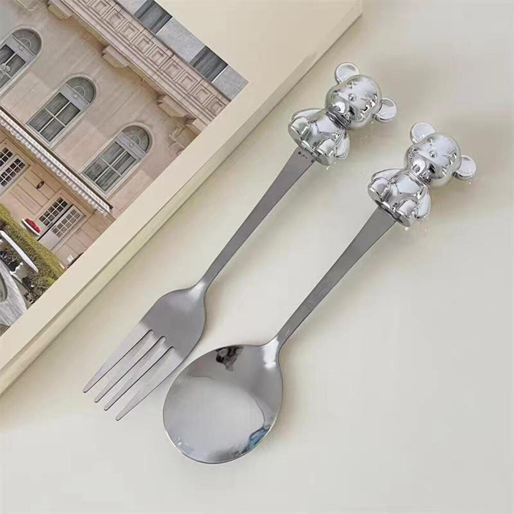 【Ready Stock】Cartoon Bear Fork Spoon Set Stainless Steel Fruit Fork Watermelon Spoon Tableware