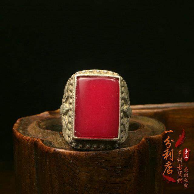 Antique collection Qing Dynasty Ruby square ring holder ring face old silver inlaid Open Silver Ring full silver wrench