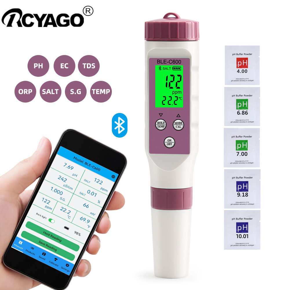 Rcyago bluetooth 7 in 1 salinity meter for saltwater with atc 0.01 - 25.00% salt meter orp meter ph tds ec meter for aquarium, fish tank, koi fish pond