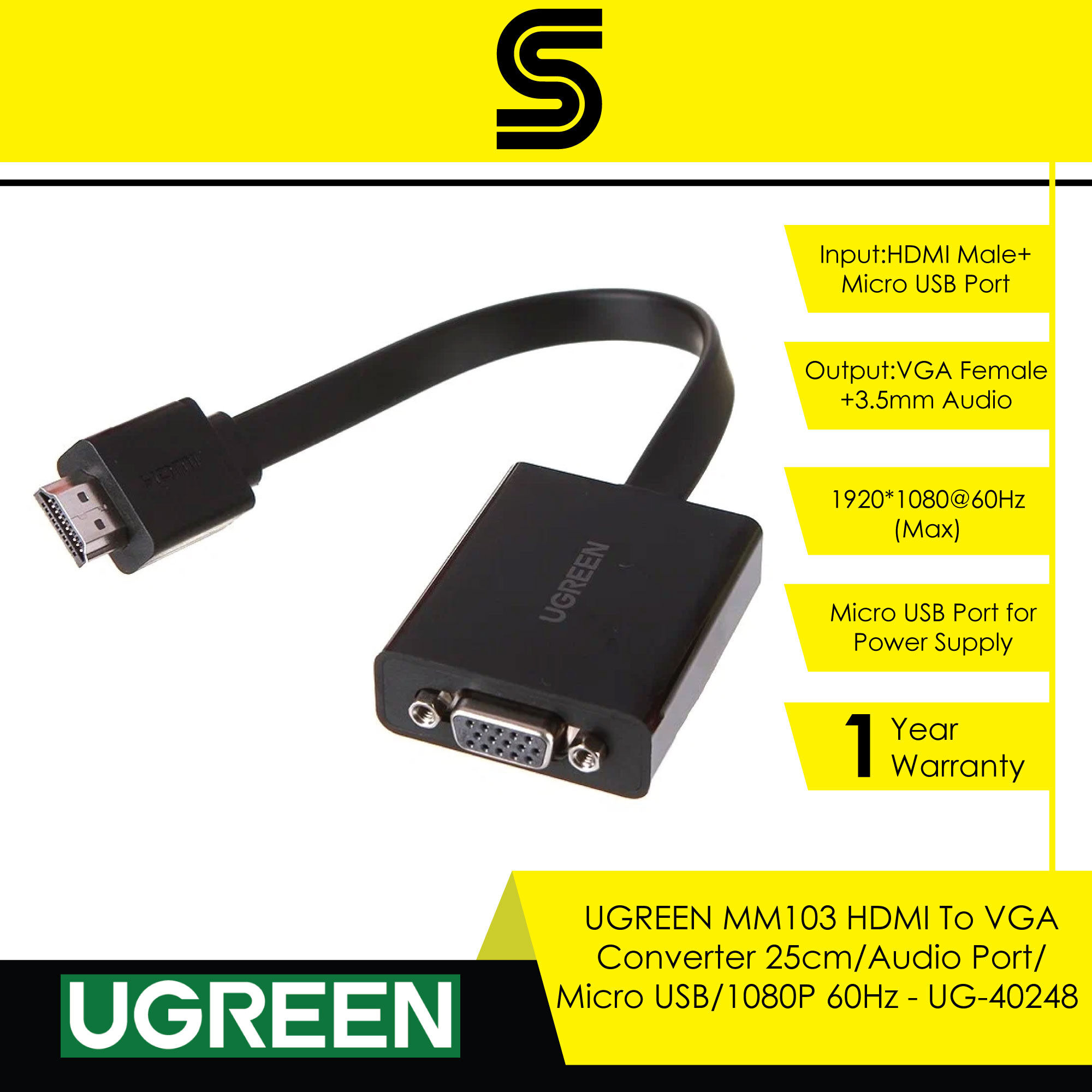 UGREEN MM103 HDMI To VGA Converter 25cm/Audio Port/Micro USB/1080P 60Hz