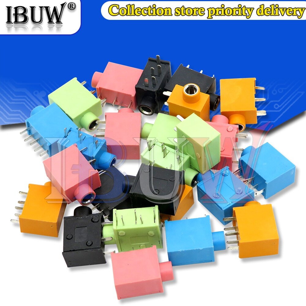 10pcs pj-215 pj-325 3.5mm headphone jack socket female connector for audio video 5pin red black blue yellow green