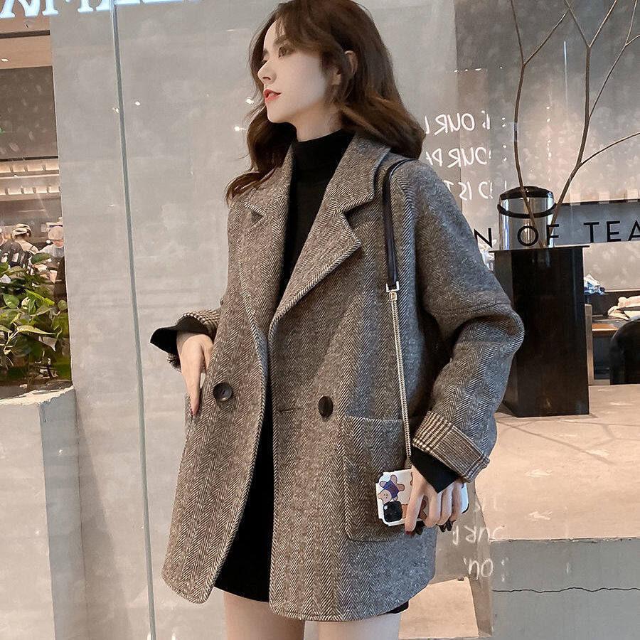 Women's Suit Jacket Autumn/winter 2021 New Coat Korean Style Fashion British Style Woolen Loose Casual Small Suit Jacket