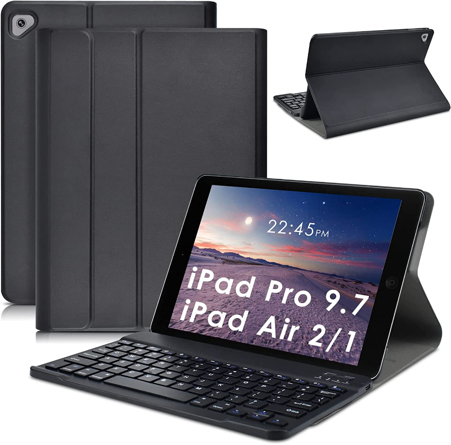 Md ipad 9.7" case with keyboard for ipad air 2 & 1, ipad pro 9.7, ipad 9.7 inch 2017 & 2018 , auto sleep/wake multiple angle stand case with detachable wireless bluetooth keyboard
