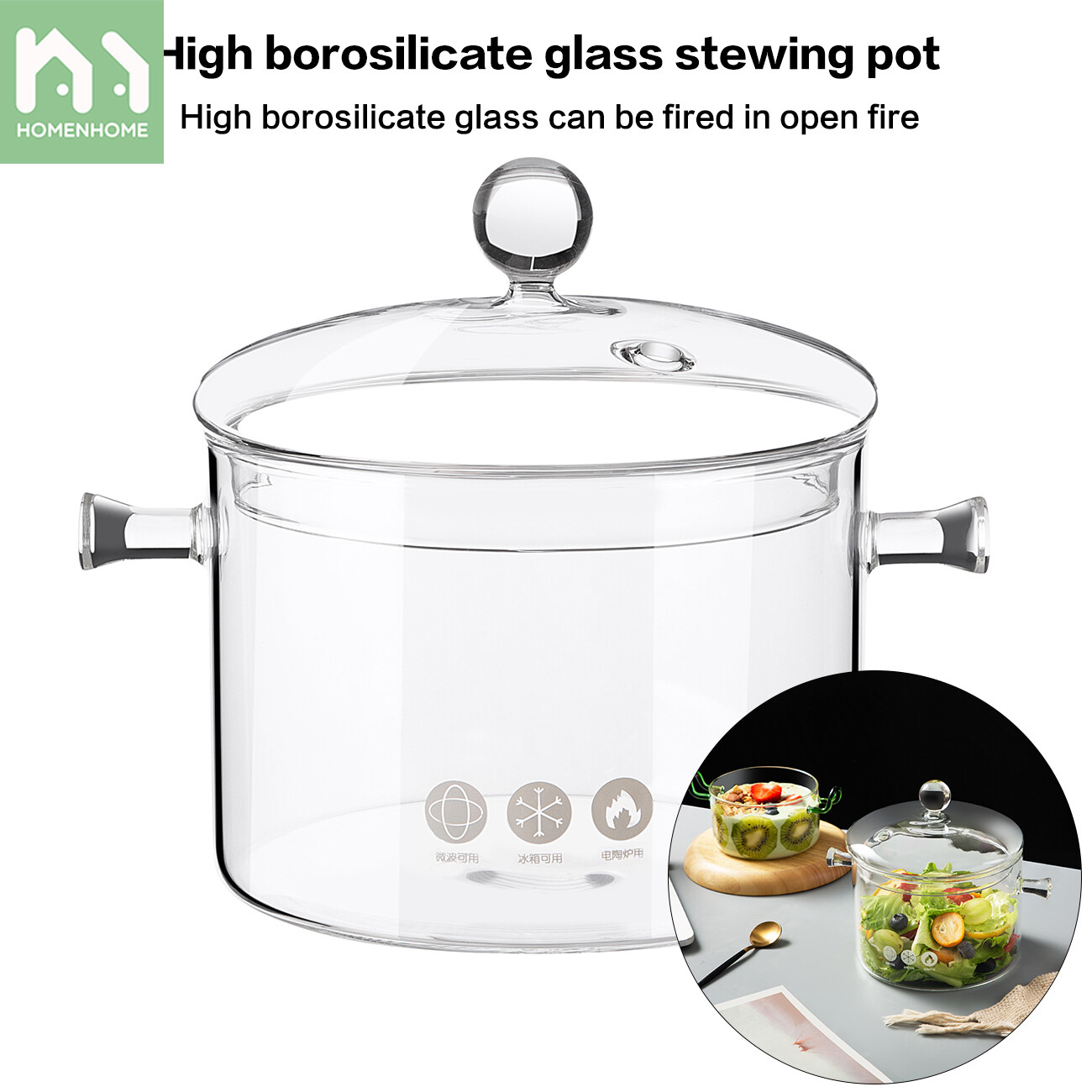 Homenhome Heat-Resistant Glass Pot Borosilicate Stew Pot Soup Pot Binaural Pot