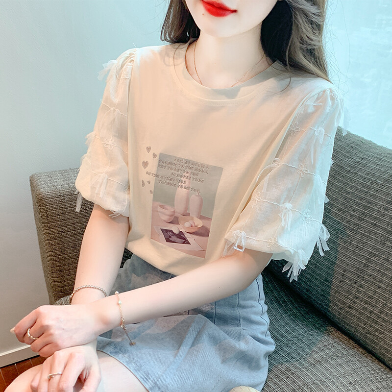 YIGE Summer New Korean Edition Bubble Sleeve T-shirt for Women 2023 Love Print Top 3D Embroidery Women's T-shirt