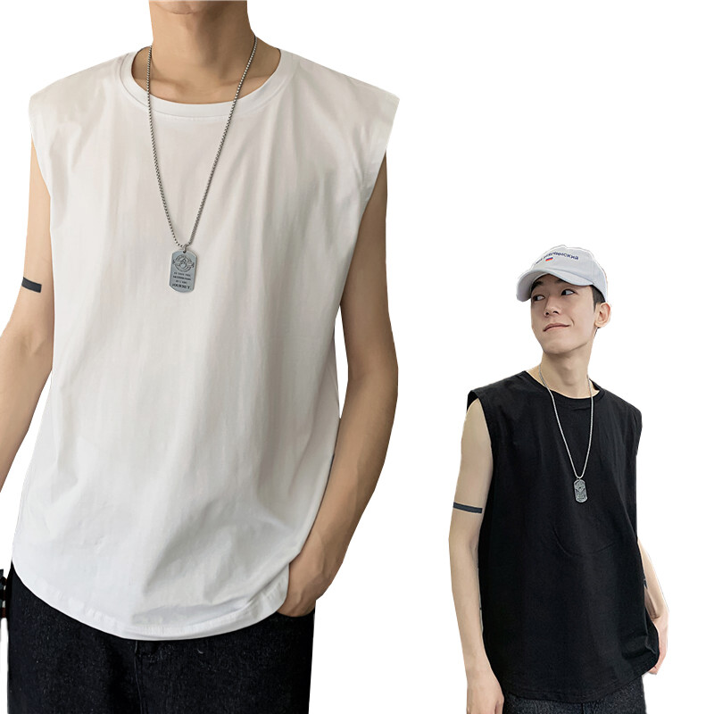 2020 Summer Korean Men's Solid Color Sleeveless Inner T-shirt Men Casual Sports Running Waistcoat Vest Plus size Loose plain Color Round Neck Bottoming Tshirt Black White