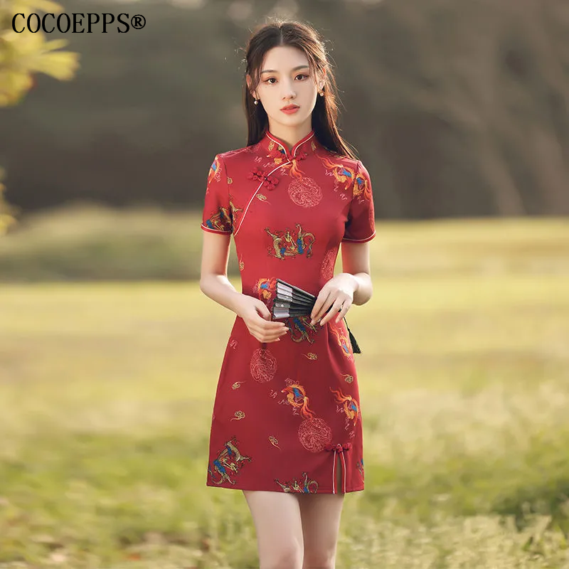 Cocoepps cdresses for women cheongsam 2024 旗袍连衣裙改良2024 new retro red chinese style small short improved cheongsam