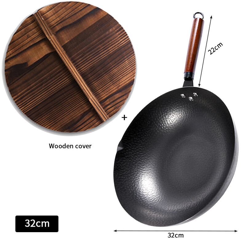 Konco Chinese Handmade Iron wok 32cm forge Frying Pan General use for Induction cooker and Gas cooker Chinese traditional Woks stir-fey pans Non-stick Cookware