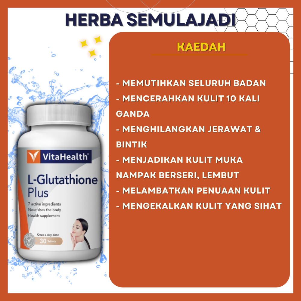 kandungan glutathione VitaHealth L Glutathione Plus 600mg Pemutih Badan Collagen Supplement Skin  Booster Whitening Putih Gebu Cerah Hilang Jerawat 美白 Putihkan Seluruh Badan