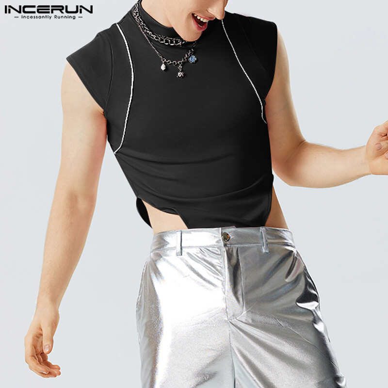 INCERUN Mens Sleeveless Plain Cargo Patchwork High Neck Plain Sleepwear Jumpsuits (Homewear)