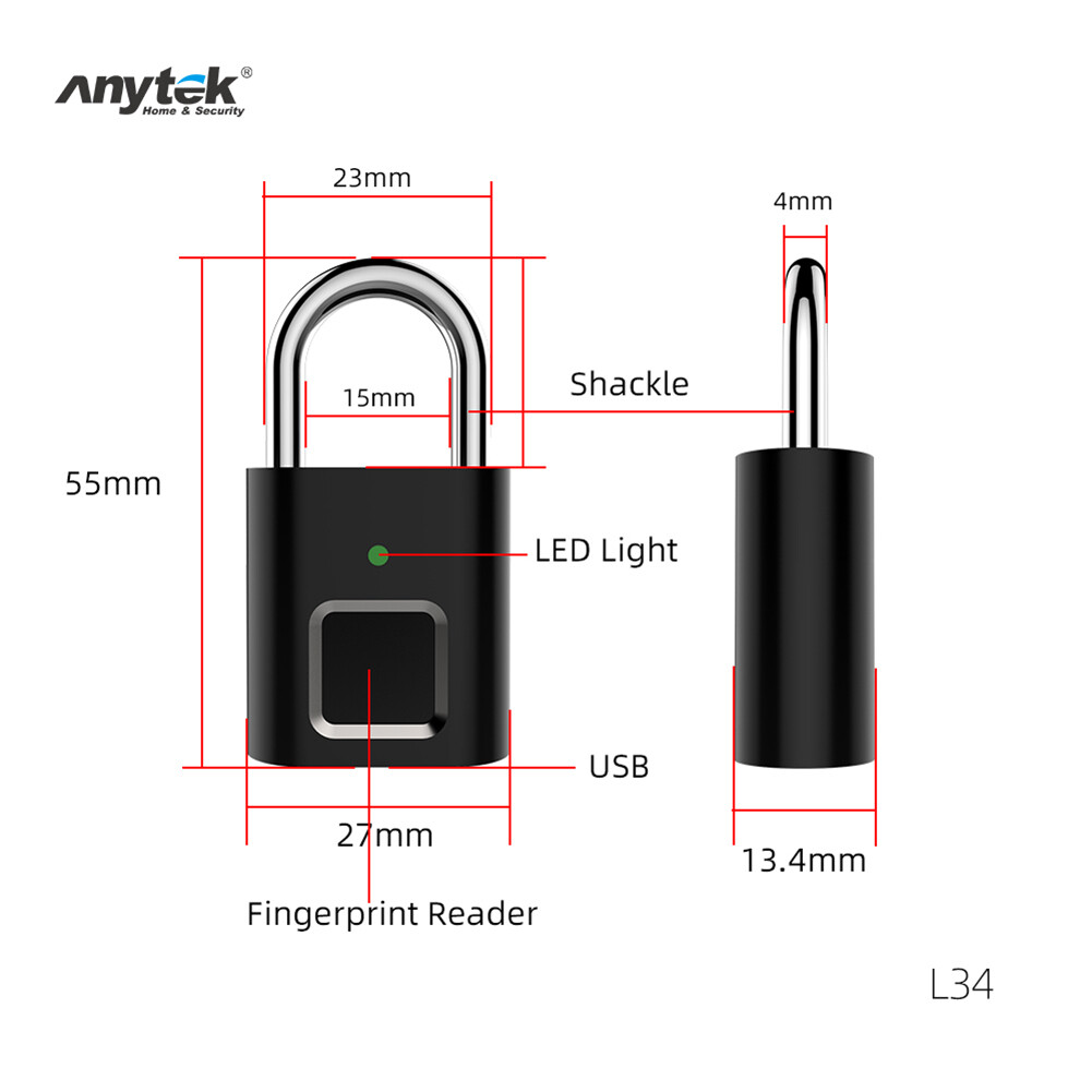 Anytek L34 Smart Fingerprint Padlock USB Rechargeable Door Suitcase Lock