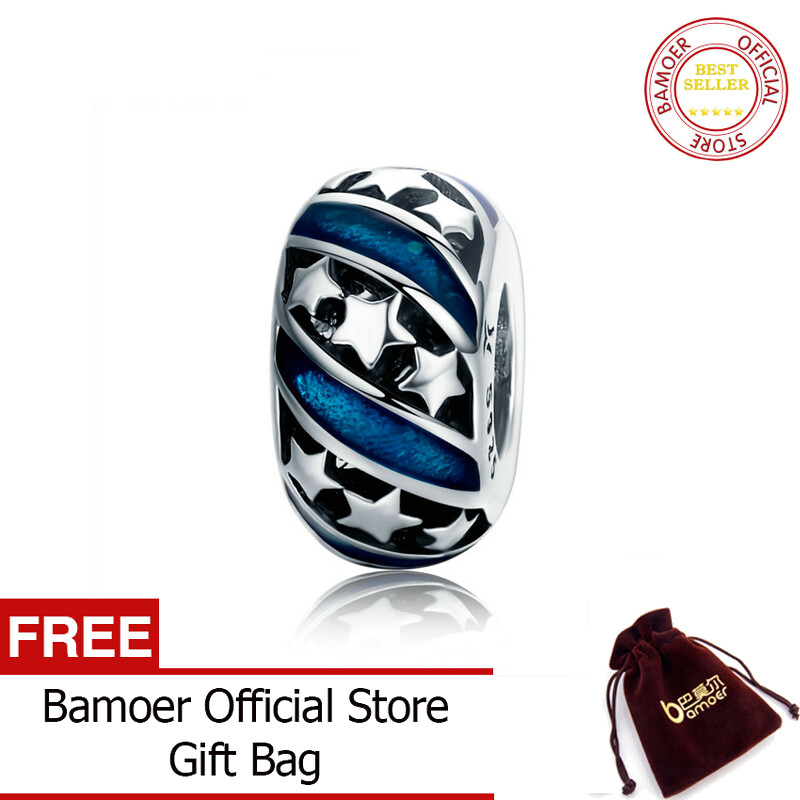 BAMOER Genuine 925 Sterling Silver Sparkling Star Blue Enamel Spacer Beads fit Women Bracelet Bangles DIY Fine Jewelry SCC636