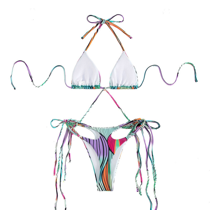Bộ Bikini 2 Chiếc Màu Trơn Cho Nữ, Băng Quấn Khoét Trước Cổ Thấp Áo Buộc Dây Với Đáy Tam Giác
