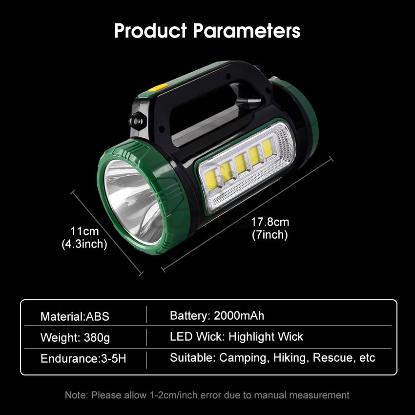 Outtobe Solar LED Flashlight Multifunctional Outdoor Torchlight Searchlight High Power Spotlight Waterproof Work Light USB Rechargeable Searchlight Handheld Flashlight Warning Light Floodlight Spotlight