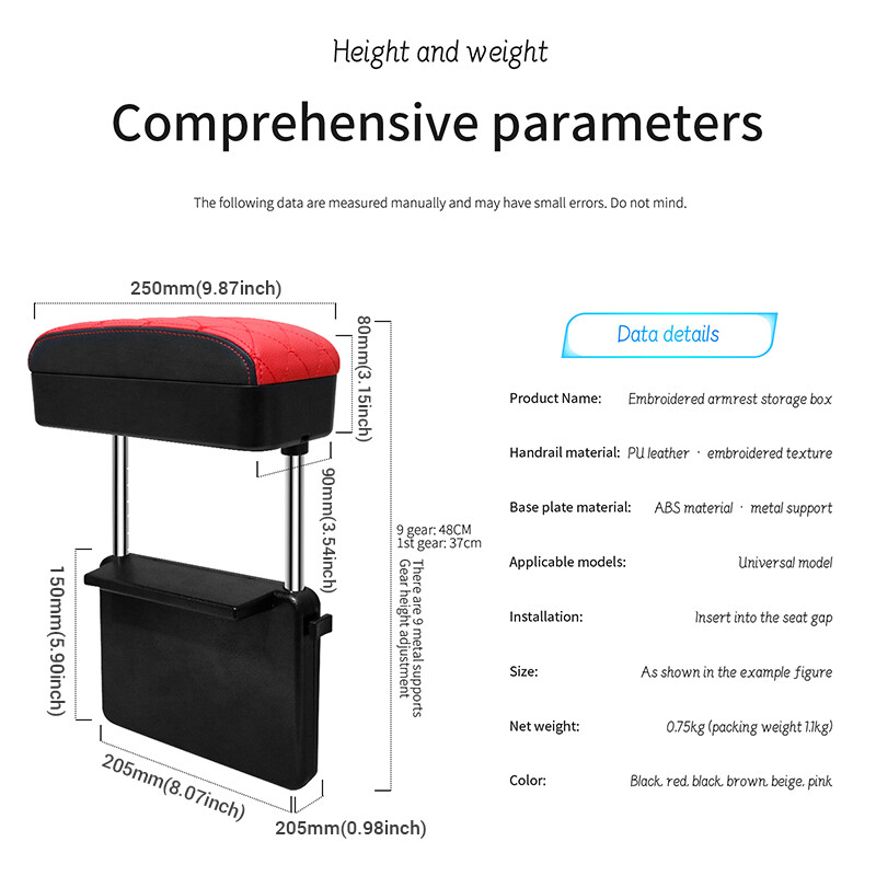 Embroidered Car Armrest Box Universal Car Seat Side Storage Box Adjustable Center Console Elbow Support Cushion Storage Box