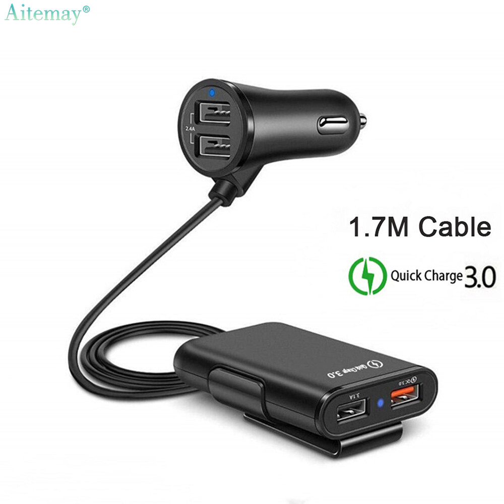 Aitemay QC 3.0 Car Charger 4 Ports USB Car Charger 5.6ft Extension Cable For Mobile Phone Samsung Phone Car Charger