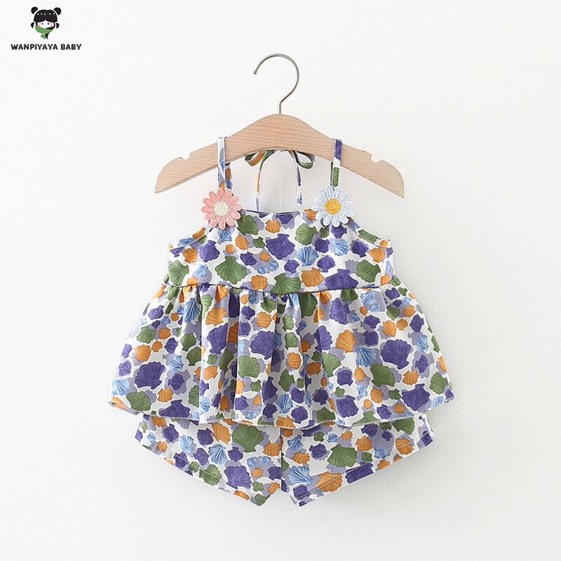 Baby Girl Summer Cotton Set Floral Suspender Shorts Two-Piece Set For Baby Kids Cute And Sweet Beach Set For Girls Kids