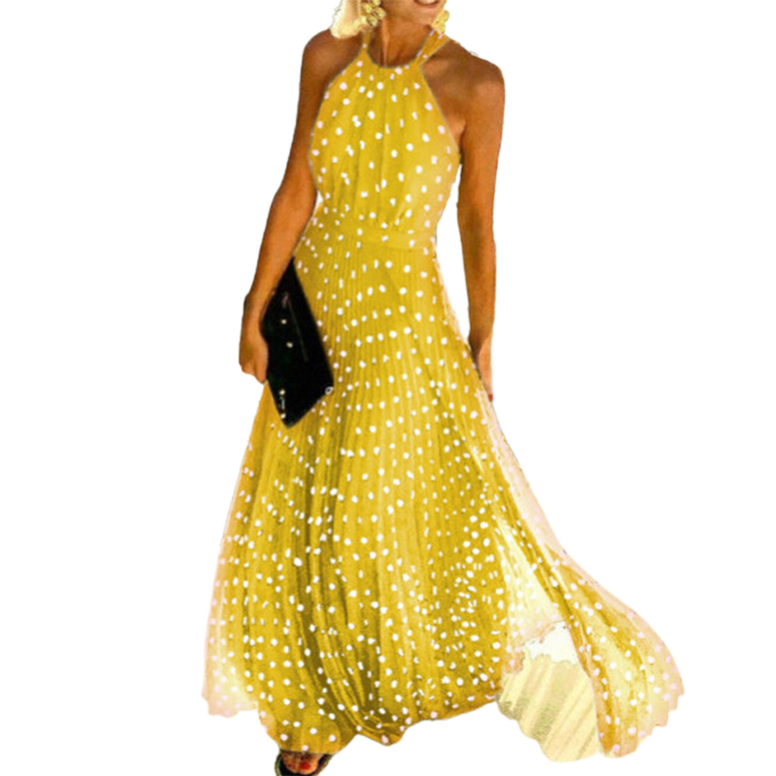 Ladies Halter Dress Sexy Wide Hem Polka Dot Printing Dress for Banquet