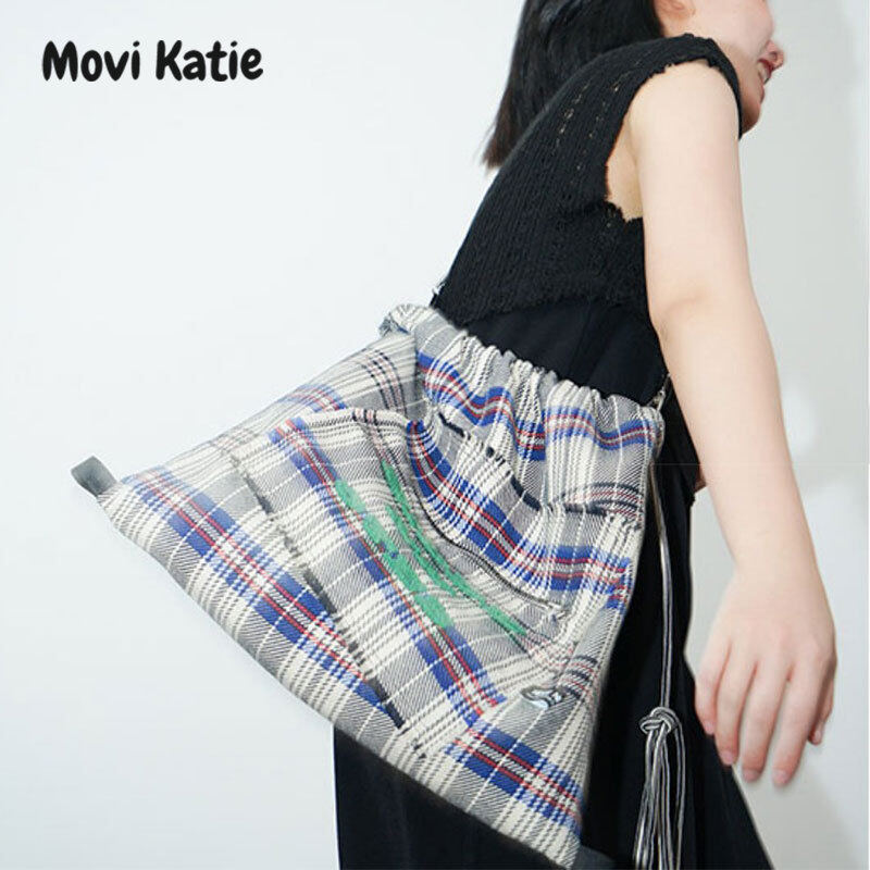 Movi Katie preppy plaid drawstring backpack 2 colours Messenger hobo bag
