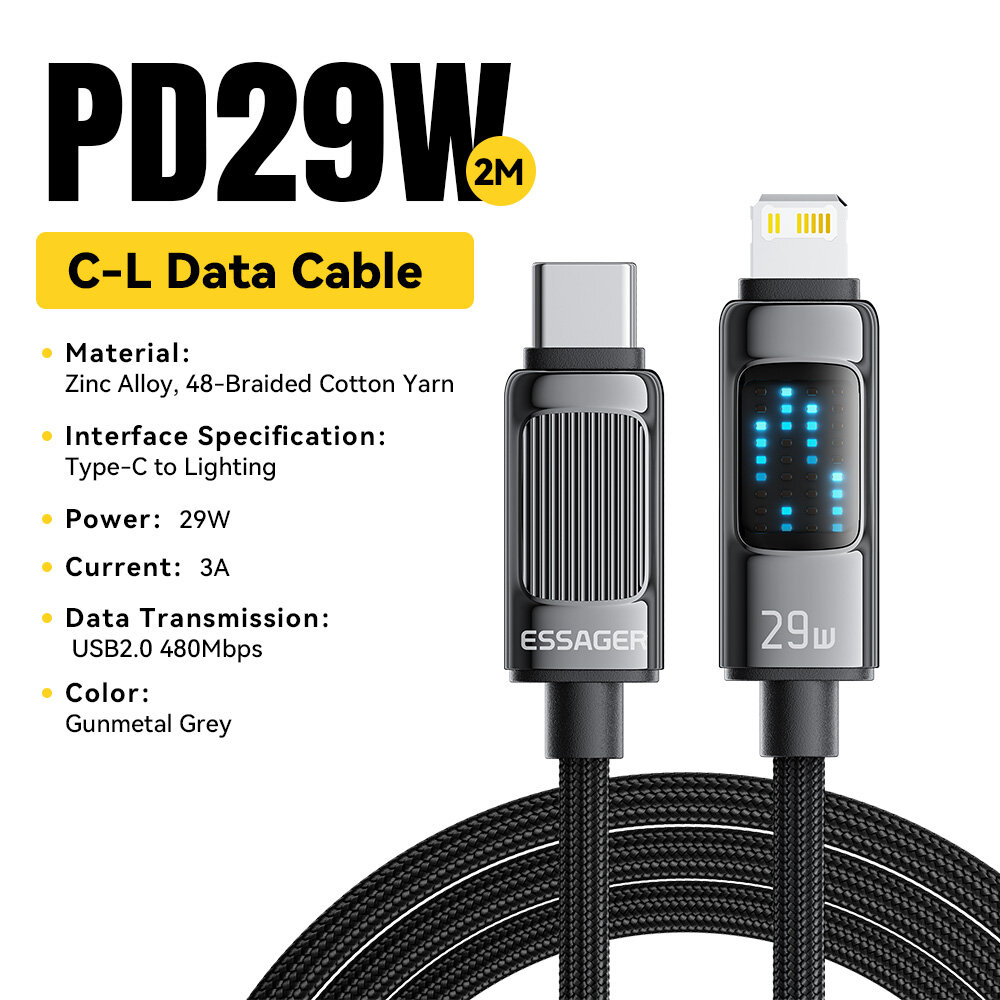 Essager pd29w type c to lightning led display cable fast charge for iphone14/13/12/11/8 pro max xs pd fast charging type-c to lightning 29w cord for ios phone tablet ipad airpods ipod led display wire