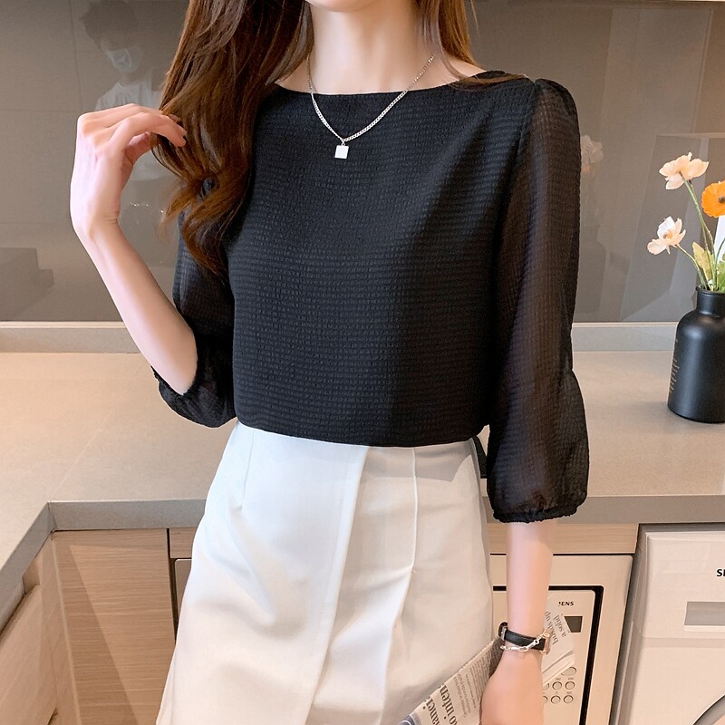 REHIN Small blouse for women 3/4 sleeve boat neck loose lantern sleeve chiffon shirt 2022 new tops