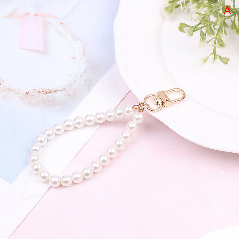 NEW ARRIVAL White Pearl Beaded Cord Link Chain Mobile Phone Strap Lanyard Cell Phone Hanging String Rope Wristband