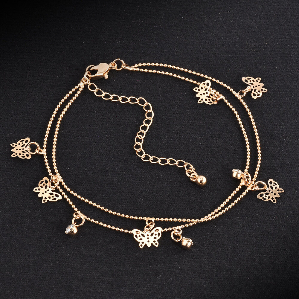 【Prettyset】Hollow Butterfly Anklet Punk New Fashion Double gold Women Foot Chain Summer Personality Wild Popular Double Butterfly Legs Lady Anklet