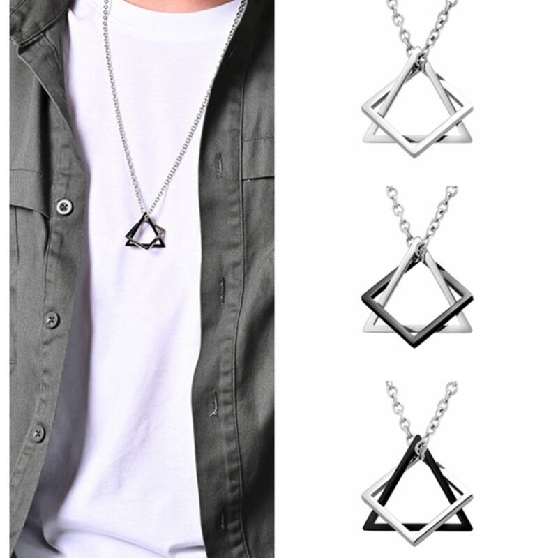 Geometry Interlocking Square Triangle Male Pendant for Men Stainless Steel Modern Trendy Geometric Stacking Streetwear Necklace