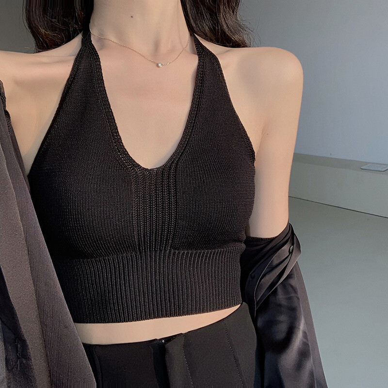 beautifultime Tiktok style Women Crop Cami Tops, Sleeveless Halter Neck Solid Color Rib Knit Slim Fit Camisole