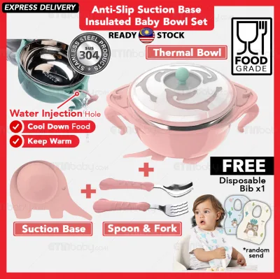 Insulated Baby Bowl 4 In 1 Set Keep Warm Anti-Slip Suction Base [READY STOCK] Stainless Steel Baby Insulated Bowl Set