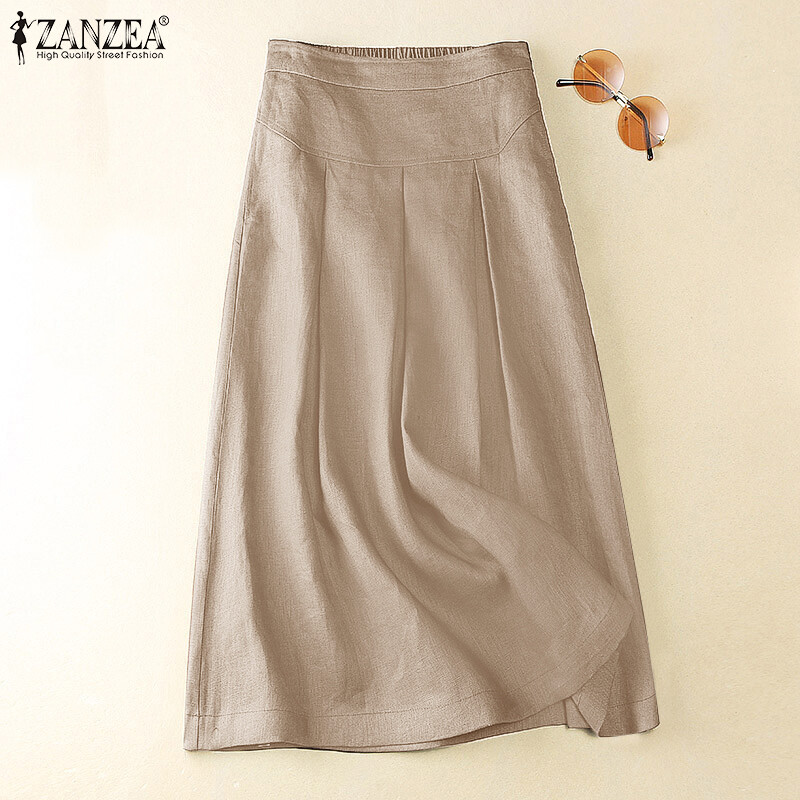 ZANZEA Womens Vintage Cotton Linen Solid Long Skirts High Waist Pleated Party Ladies Dress #2