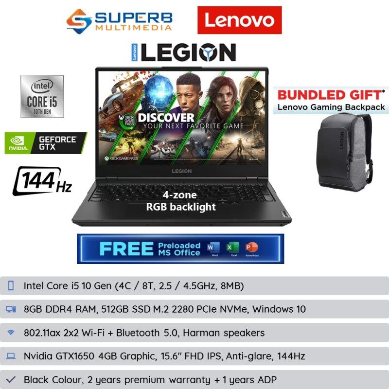 Lenovo Legion 5i 82AU00D0MJ (Intel core i5, 8gb ram, 512gb ssd, gtx1650 4gb, 15.6inch fhd ips 144hz, win10, opi, 2yrs) laptop Malaysia