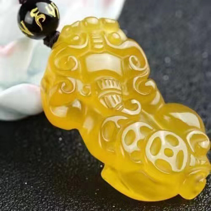 Natural yellow Agate PIXIU Pendant Ice yellow Chalcedony Necklace men's and women's crystal pendant this year gift