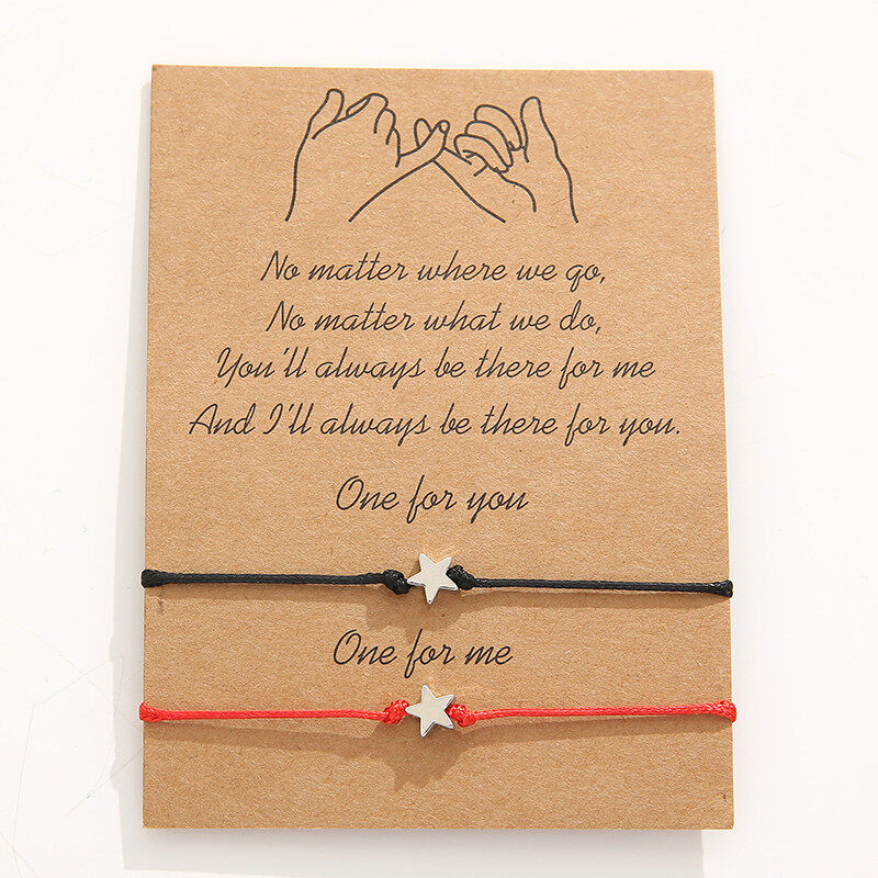 2pcs Love Heart Star Charm Bracelets Black String Couple Bracelet Wish Card Friendship Rope Bracelet Birthday Anniversary Gift for Boyfriend Girlfriend Him Her Best Friends