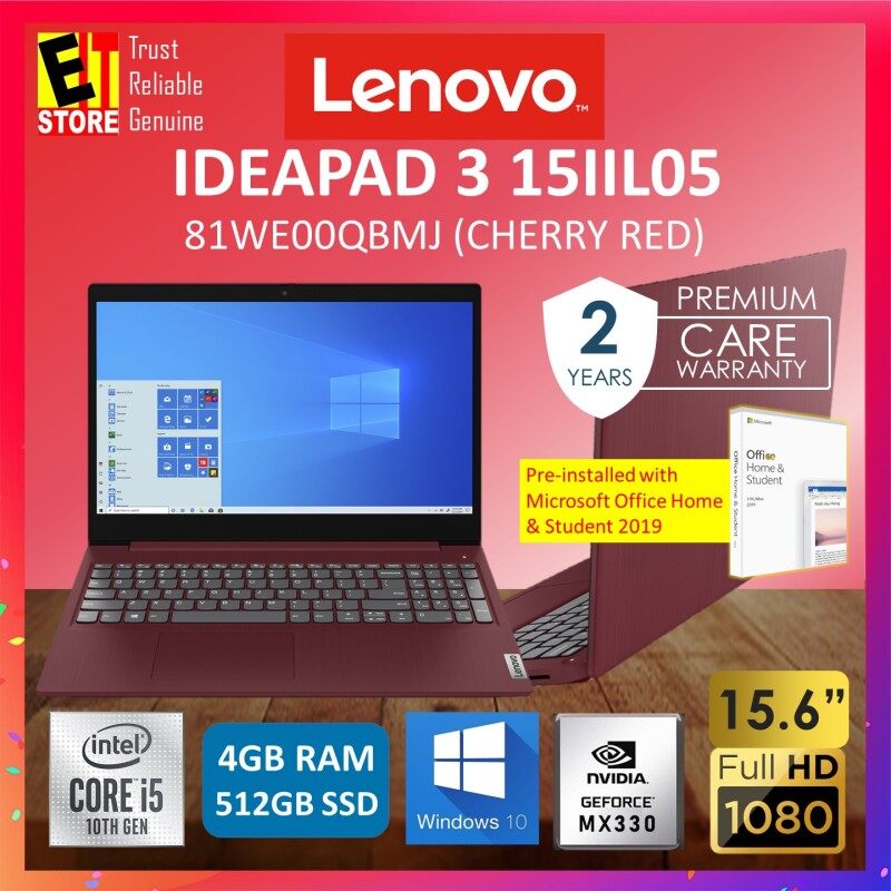 LENOVO IDEAPAD 3 IP3-15IIL05 81WE00QBMJ LAPTOP -CHERRY RED (I5-1035G1/4GB/512GB SDD/15.6 FHD/NO ODD/MX330 2GB/W10/2YRS PREMIUM) WITH MS.OFFICE Malaysia
