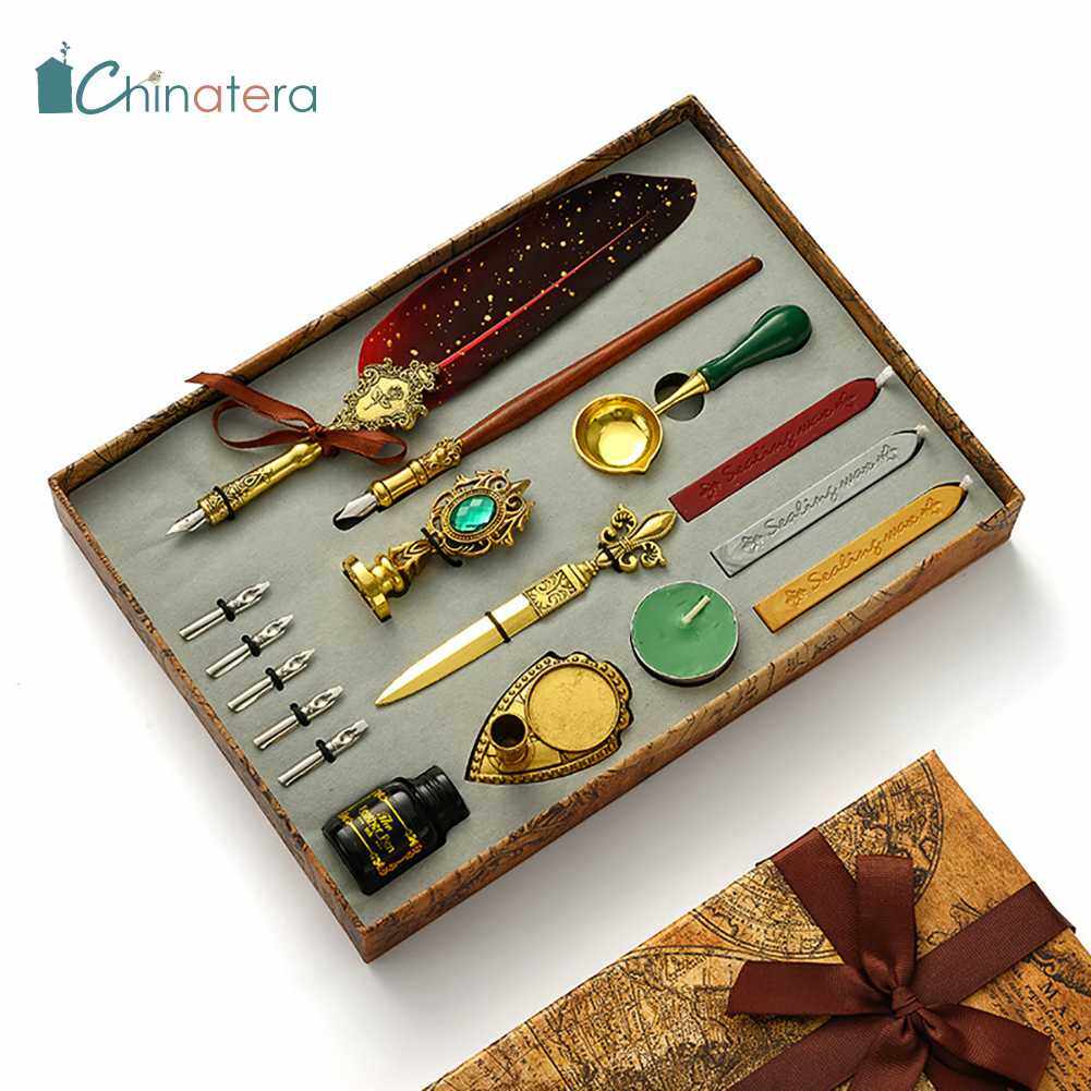 Chinatera European Retro Feather Pen Set British Style Dip Pen Ink Set Wax Seal Stamp Set Exquisite Vintage Feather Fountain Pen Student Calligraphy Writing Dip Pen Birthday Gift