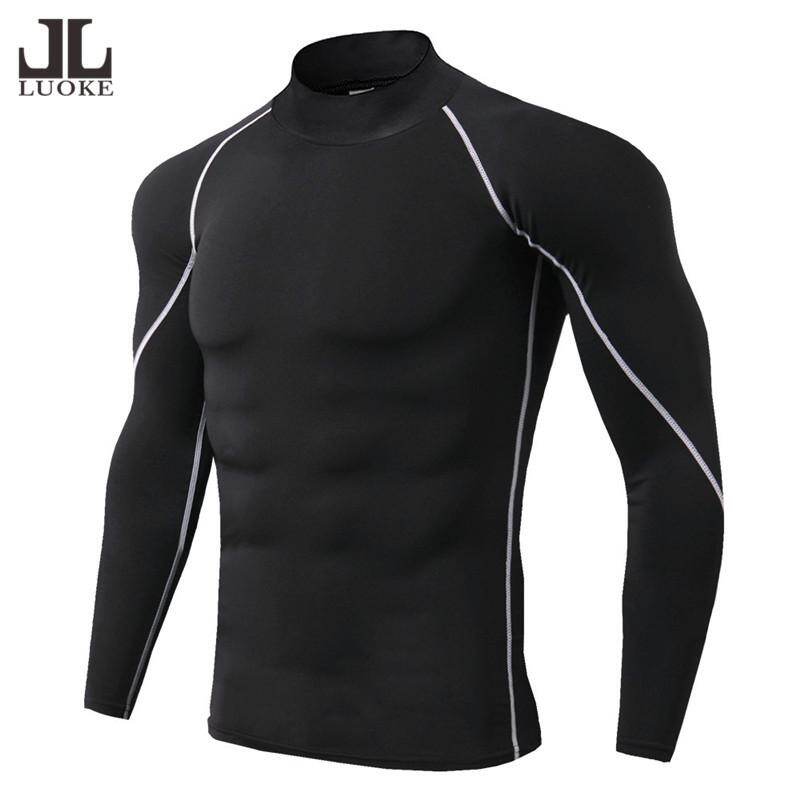 Luoke Long Sleeve High Neck Men's compression Quick dry Tights Single color Fitness T-shirt Tracksuit Sports Clothing