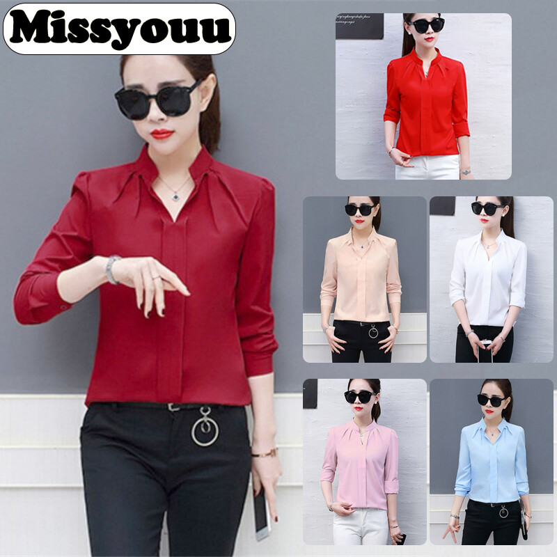 Missyouu Women Fashion V-Neck Slim Formal Long Sleeve Casual Chiffon Blouse