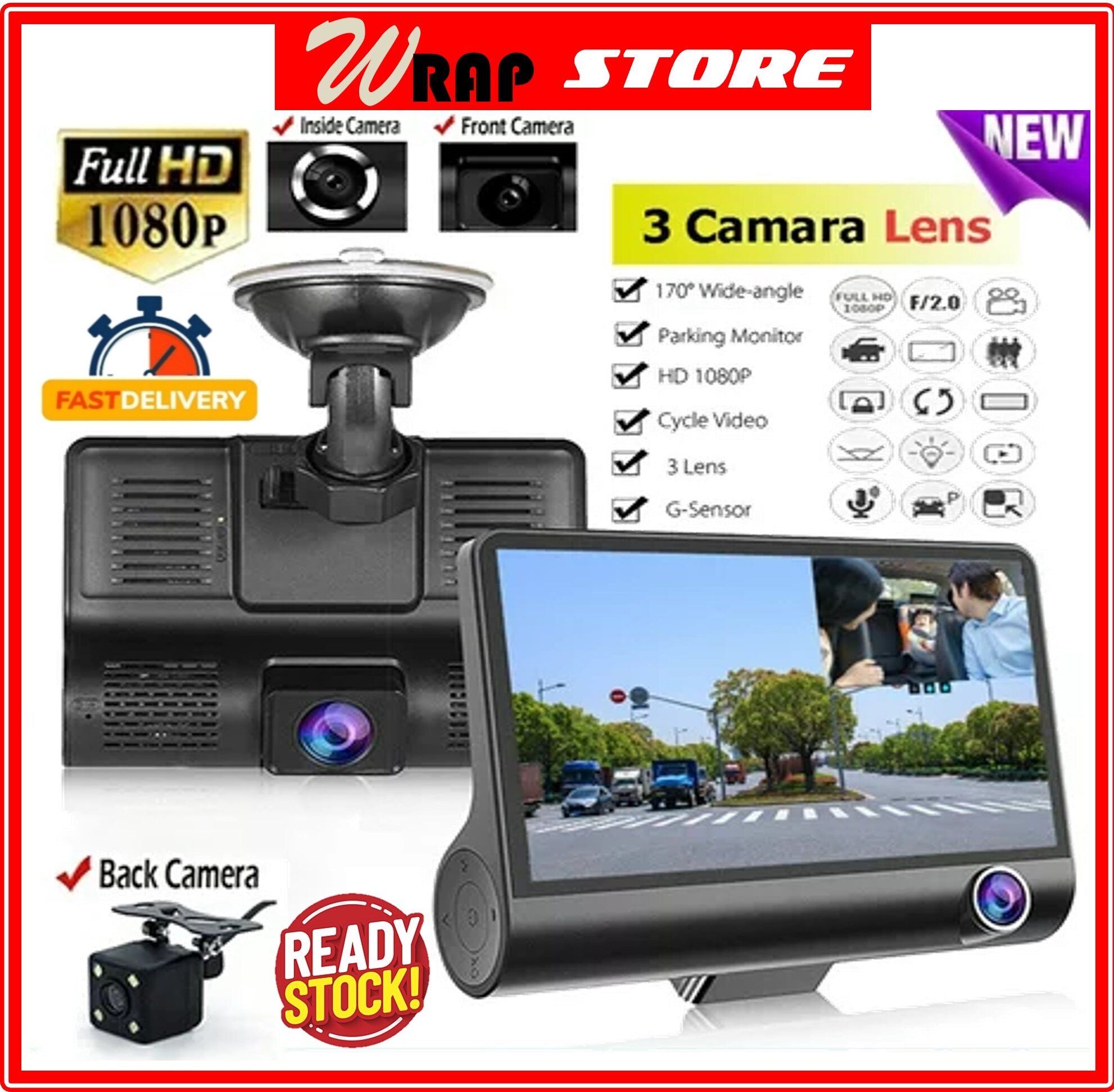 3 in 1 Dash Cam Car Camera DVR HD 1080P 170 Wide Angle Cycle Recorder G