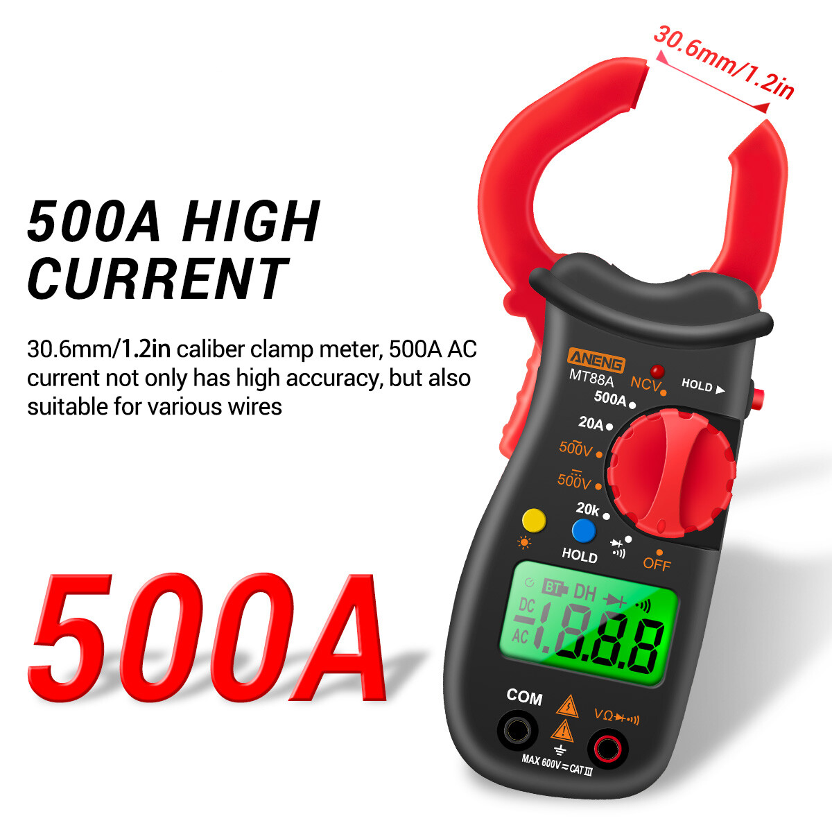 Smart Sensor MT88A Clamp Meter Multimeter LCD Digital Universal Meter 1999 Counts Auto Range Handheld DC/AC Voltage Voltmeter 500A AC Current Ammeter Frequency Capacitance Tester NCV Test Data Hold Green Backlit Screen