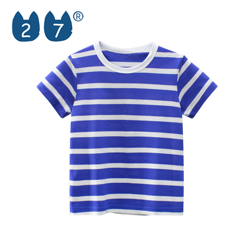 27kids children's short sleeved T-shirt summer Korean version children's clothing 2024 new trendy brand striped cartoon cute pattern boy and girl children's clothing pure cotton T-shirt blue red green birthday gift free clothes