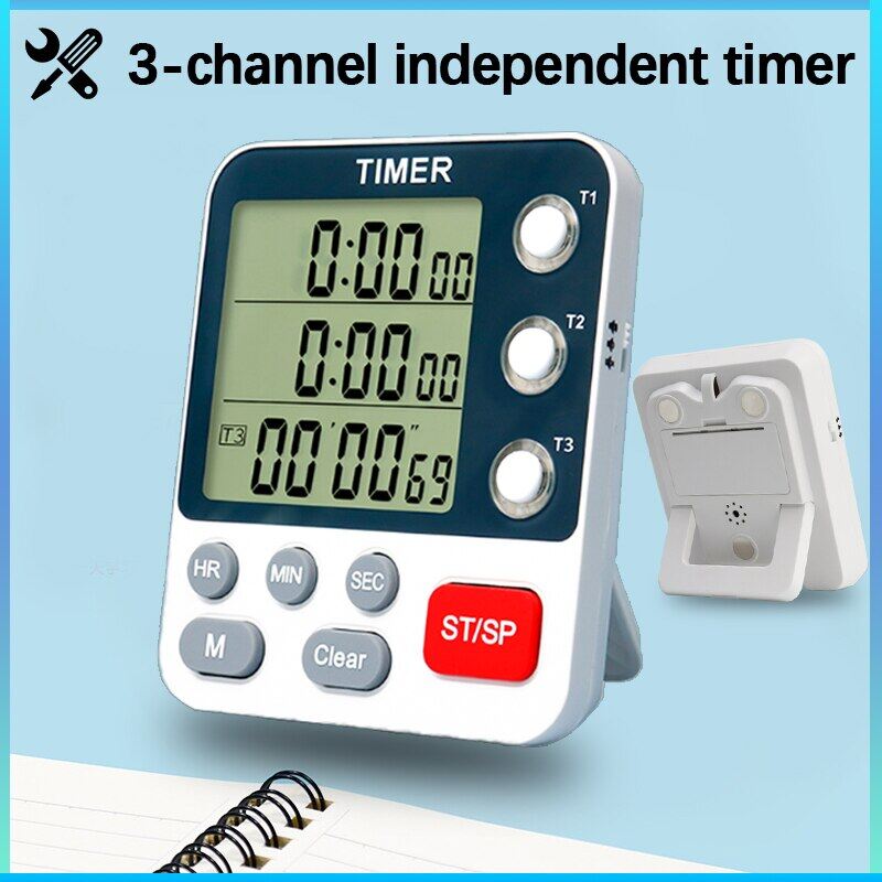 Digital Kitchen Timer 3 Channels Count UP/Down Timer 3 Levels Volume Alarm Clock LCD Display Mute Flashing Timer For Studying