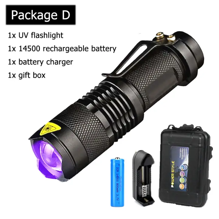 portable uv flashlight ultraviolet led light zoom mini torch light money detector scorpion 14500 waterproof lamp