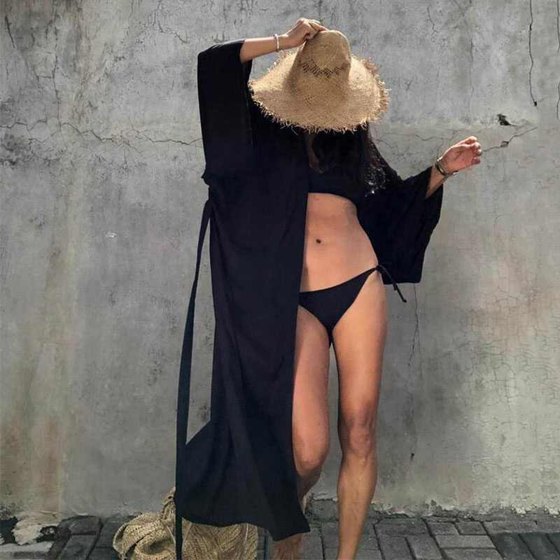 Mix Colors Bikini Tunic Kaftan Women Boho Maxi Dress With Belt Artificial Cotton Beach Cardigan Swimwear Oversize
