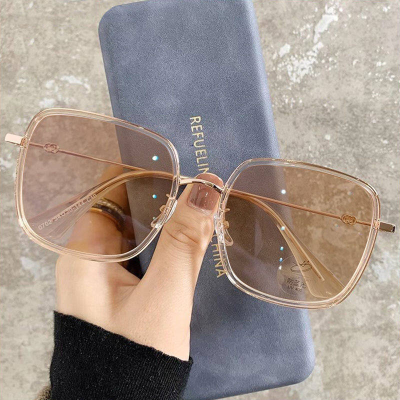 -6.0~0 Fashion Color Changing Myopia Glasses For Women Retro Large Square Full Frame Myopia Glasses For Women Anti Blue Light Computer Glasses