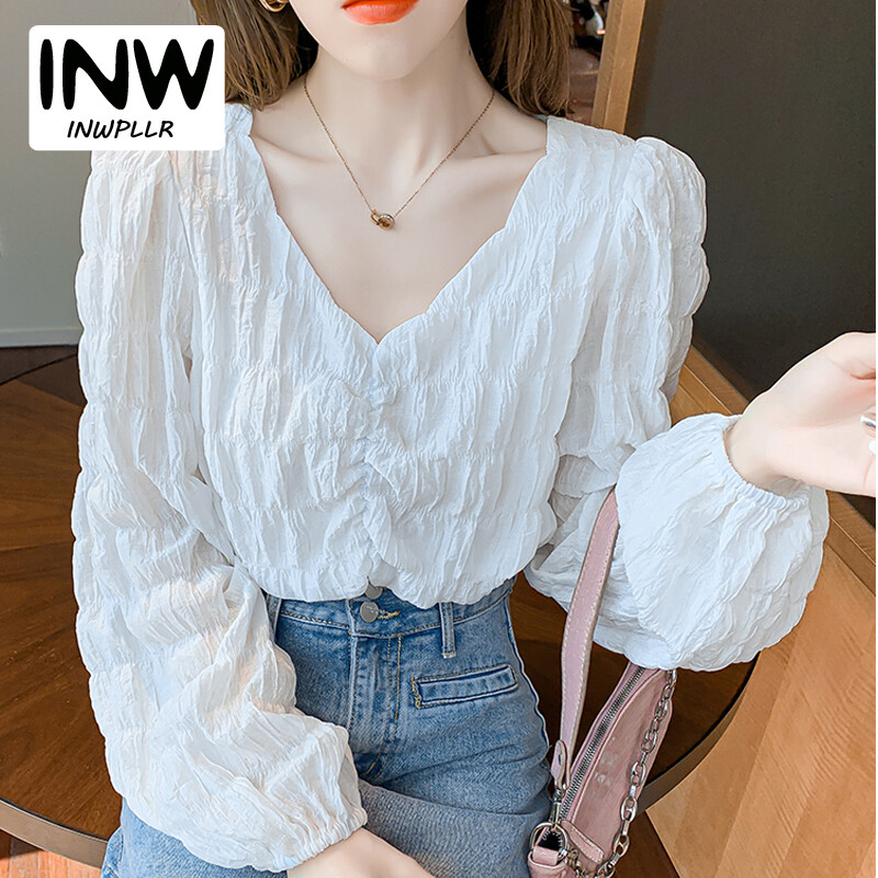 INWPLLR Korean Version Blouse Female All-match Pleated Cropped Tops Women Fashion V-neck Long Sleeve Shirts Ladies