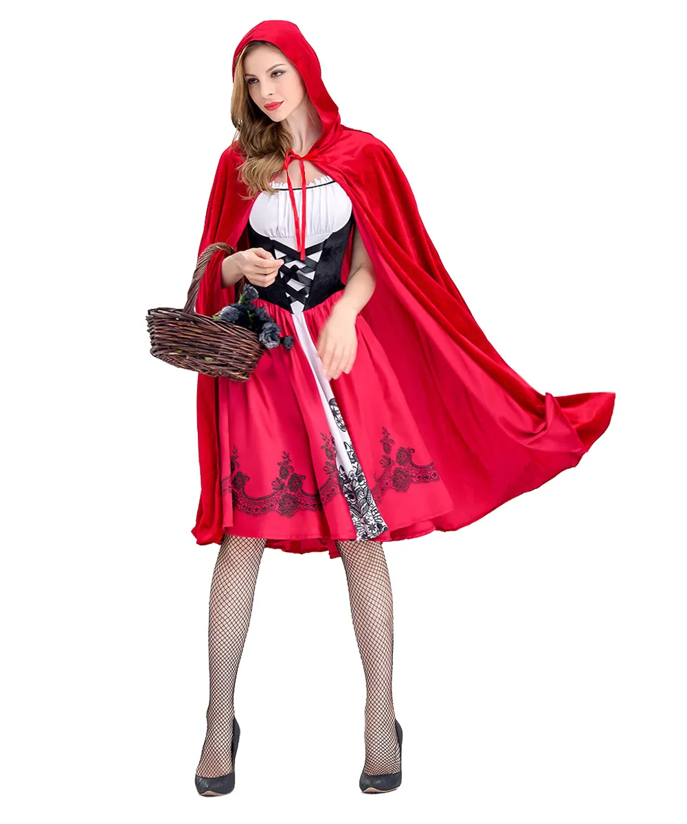 Women Little Red Riding Hood Costume Christmas Halloween Party Dress with Cape