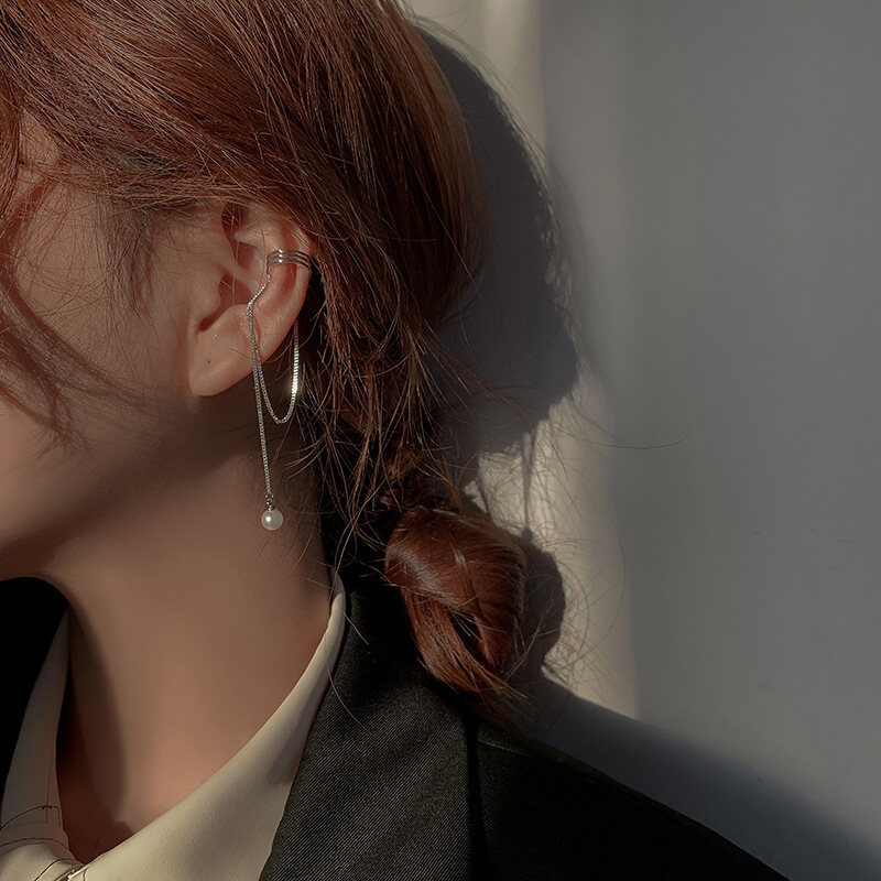 JWER 1Pc Punk Pearl Long Tassel Chain Ear Clips Simple Silver Color No Piercing Fake Ear Cuff Clips For Women Jewelry Gifts