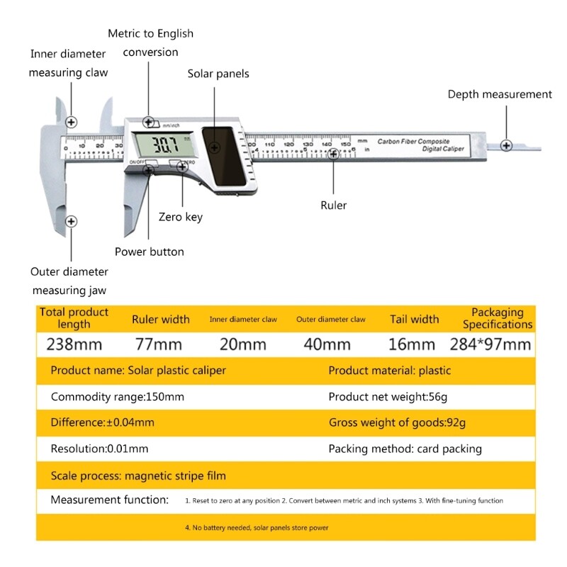Digital Caliper Measuring Tool Electronic Vernier Caliper Depth 6 Inch/150mm Digital Micrometer- with Large LCD Screen